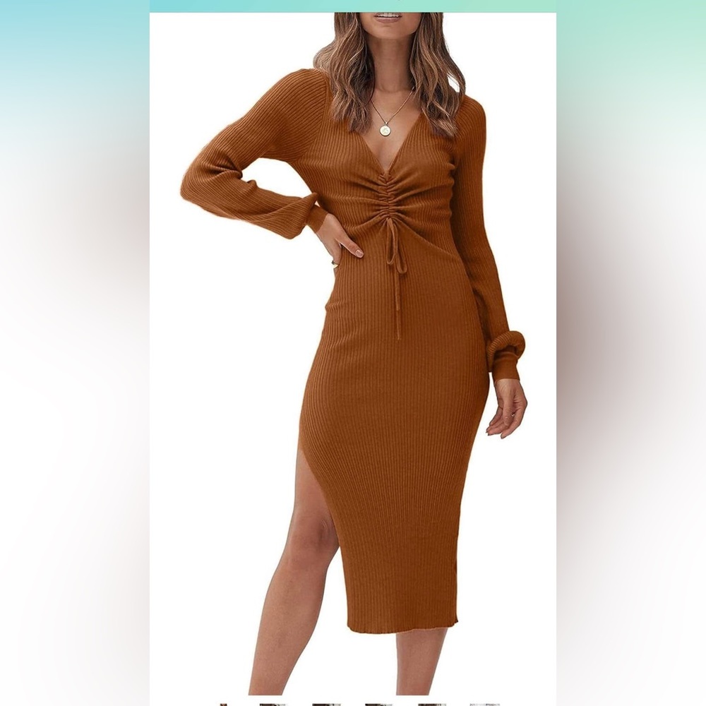 PRETTYGARDEN Women's Midi Sweater Dress Long Lantern Sleeve Ruched V Neck